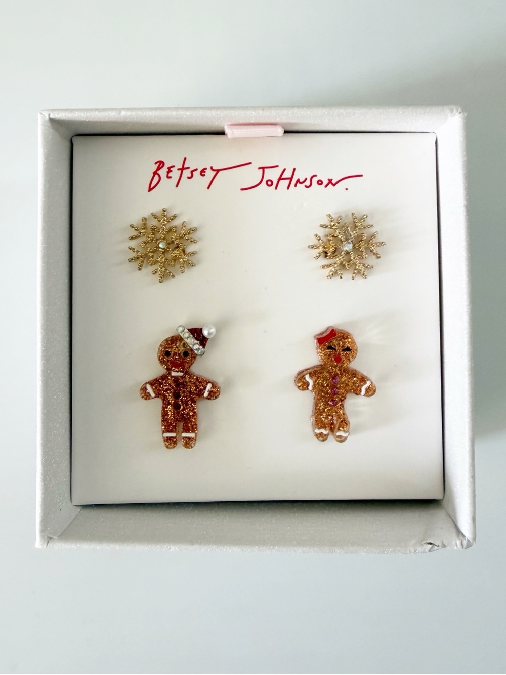 Betsey Johnson Christmas Holiday Gingerbread Girl & Boy Snowflakes Earrings New
